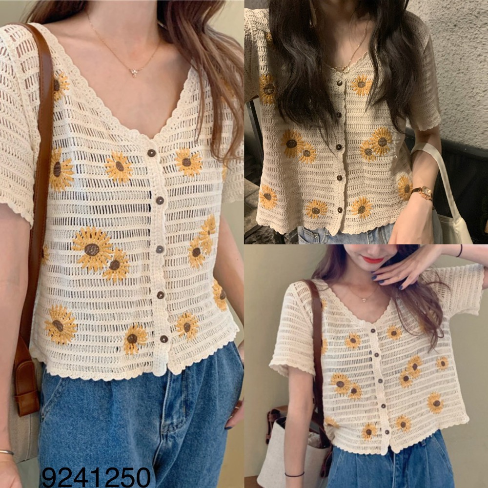 🌼🌻氣質V領小雛菊刺繡短袖針織短款上衣 小黃花朵顯瘦百搭復古立體鉤花針織外套 復古鏤空繡花透視薄款針織小外套 短袖寬鬆外-細節圖10