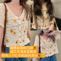🌼🌻氣質V領小雛菊刺繡短袖針織短款上衣 小黃花朵顯瘦百搭復古立體鉤花針織外套 復古鏤空繡花透視薄款針織小外套 短袖寬鬆外-規格圖11