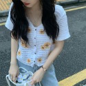 🌼🌻氣質V領小雛菊刺繡短袖針織短款上衣 小黃花朵顯瘦百搭復古立體鉤花針織外套 復古鏤空繡花透視薄款針織小外套 短袖寬鬆外-規格圖11