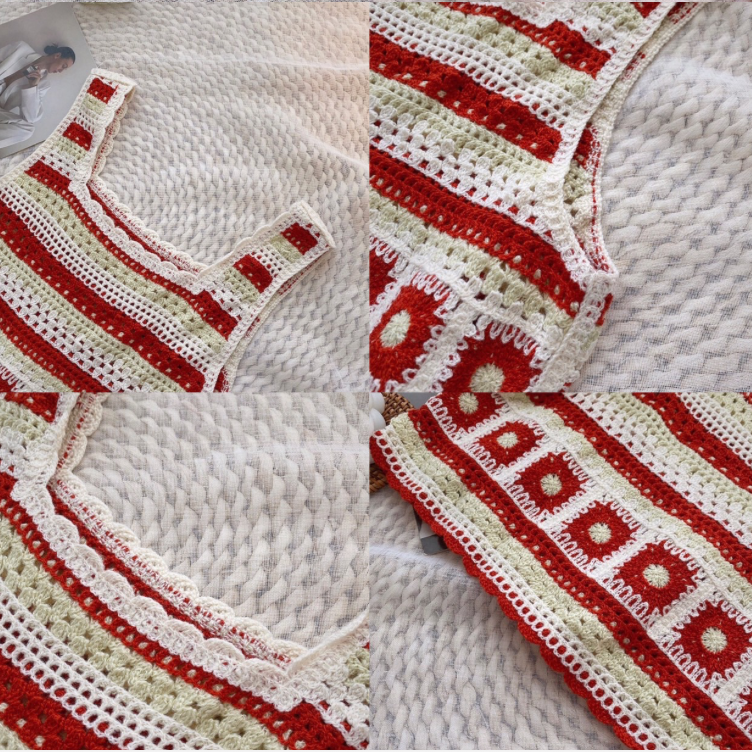 ♥️闆娘愛溫暖紅色系 辣椒紅🌶️♥️🌹復古波希米亞撞色短版針織鉤花鏤空無袖背心🌹這顏色讓人充滿熱情火紅活力滿滿背心-細節圖2