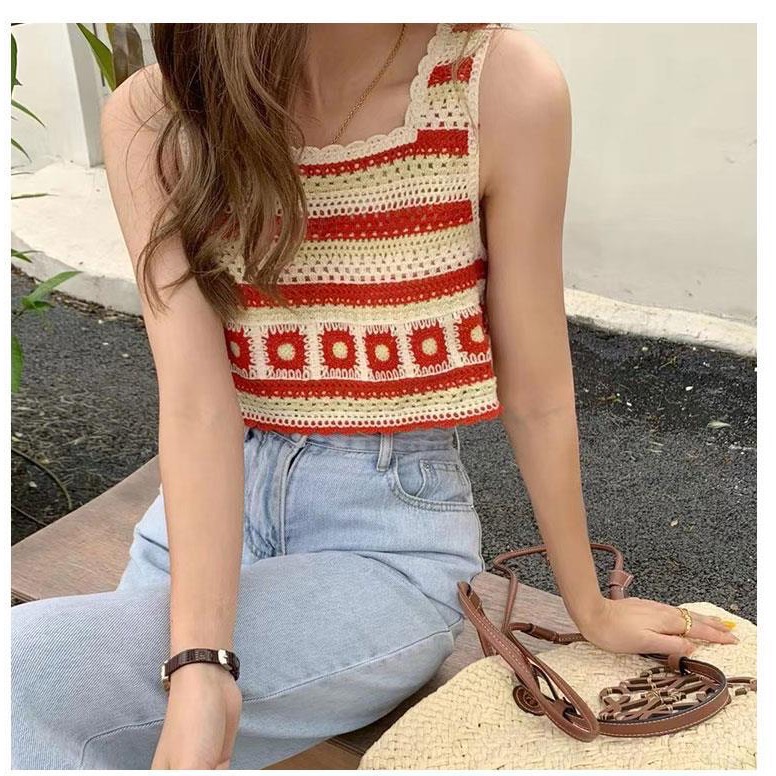 ♥️闆娘愛溫暖紅色系 辣椒紅🌶️♥️🌹復古波希米亞撞色短版針織鉤花鏤空無袖背心🌹這顏色讓人充滿熱情火紅活力滿滿背心-細節圖8