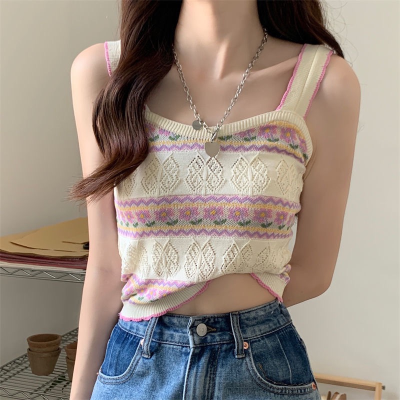 可口蛋糕花朵🍰短款針織吊帶背心 辣妹性感修身外穿內搭 少女性感辣妹復古印花抹胸無袖背心可愛無袖背心美式復古背針織背心-細節圖2