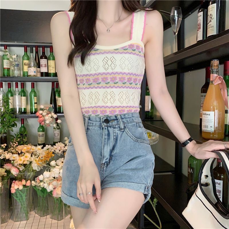 可口蛋糕花朵🍰短款針織吊帶背心 辣妹性感修身外穿內搭 少女性感辣妹復古印花抹胸無袖背心可愛無袖背心美式復古背針織背心-細節圖4