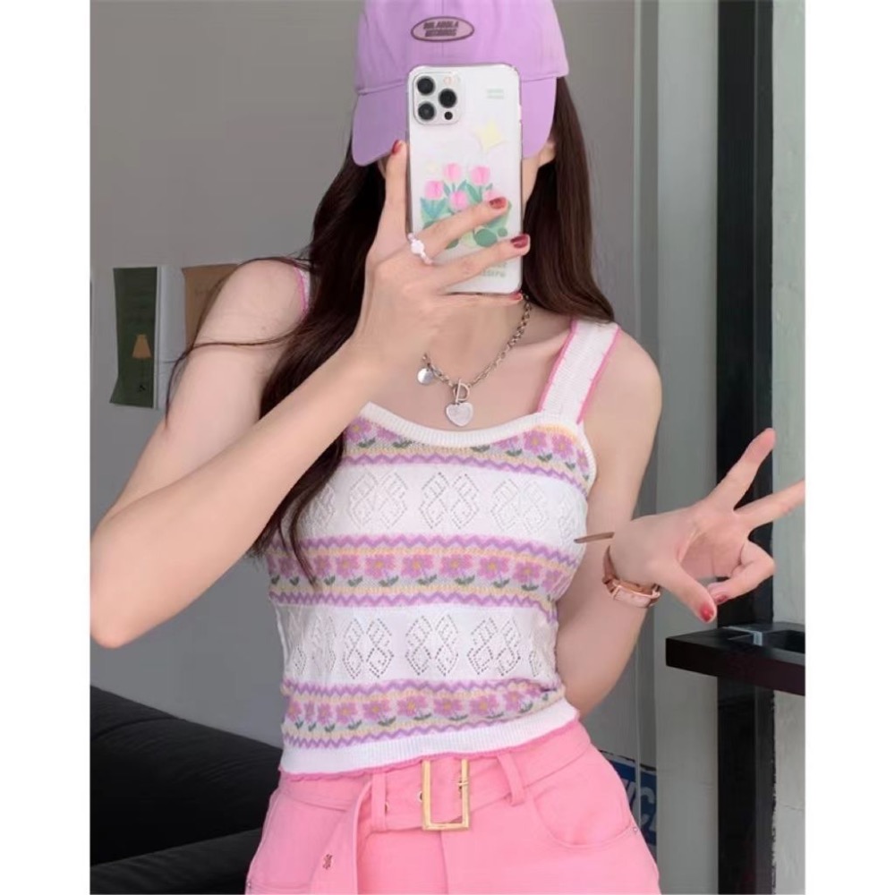 可口蛋糕花朵🍰短款針織吊帶背心 辣妹性感修身外穿內搭 少女性感辣妹復古印花抹胸無袖背心可愛無袖背心美式復古背針織背心-細節圖5