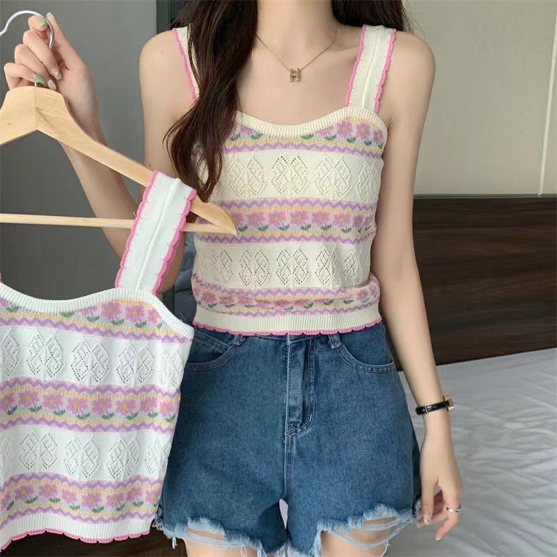 可口蛋糕花朵🍰短款針織吊帶背心 辣妹性感修身外穿內搭 少女性感辣妹復古印花抹胸無袖背心可愛無袖背心美式復古背針織背心-細節圖9