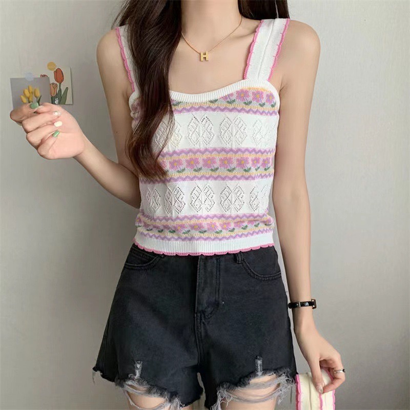 可口蛋糕花朵🍰短款針織吊帶背心 辣妹性感修身外穿內搭 少女性感辣妹復古印花抹胸無袖背心可愛無袖背心美式復古背針織背心-細節圖10