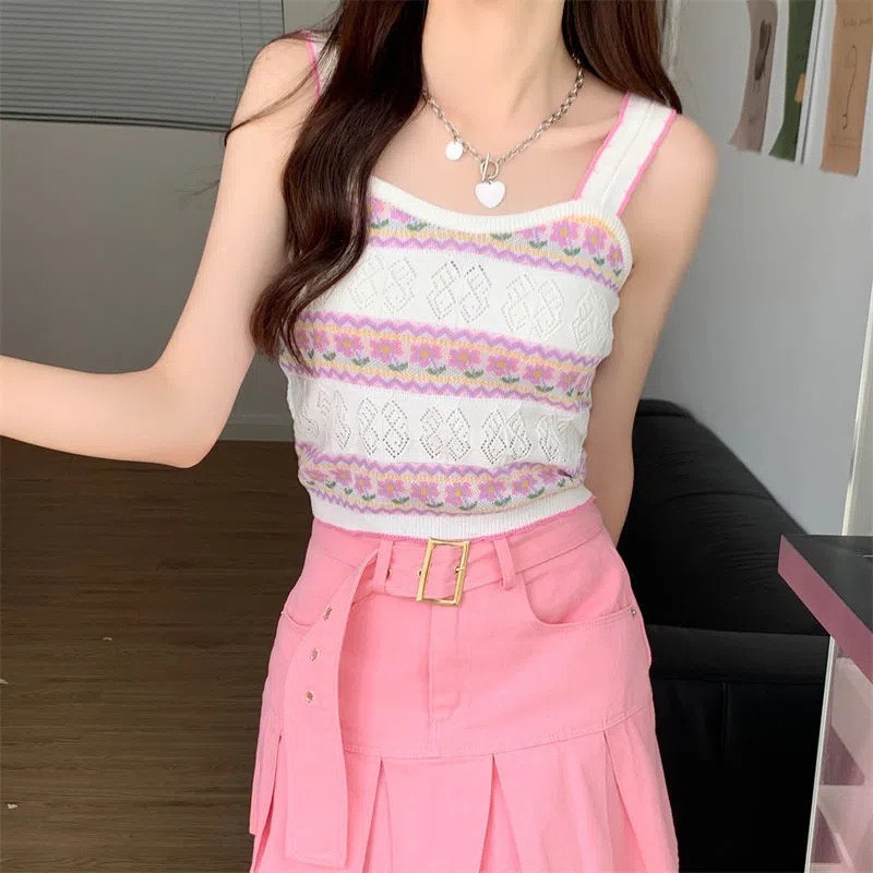 可口蛋糕花朵🍰短款針織吊帶背心 辣妹性感修身外穿內搭 少女性感辣妹復古印花抹胸無袖背心可愛無袖背心美式復古背針織背心-細節圖11
