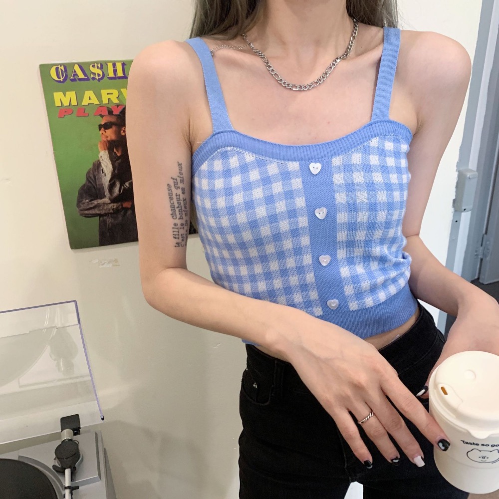 💐闆娘超愛浪漫系列背心🌺設計感韓風愛心鈕扣格子針織背心 愛心釦子針織浪漫療癒彩格外穿短款寬鬆馬夾上衣超可愛的日系勾織背心-細節圖8