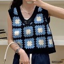 🌼韓版洋氣減齡寬鬆格子拚接針織鉤花鏤空背心🌼日式學生妹制服針織🧶毛衣保暖背心 手鉤方塊V領毛衣背心-規格圖11