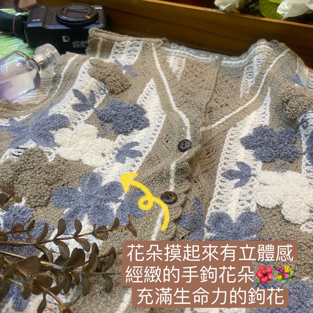 日系單品/立體捲絨花花棉線鉤針背心 Ivy 鉤針針織短款上衣背心復古花卉刺繡無袖針織馬甲純棉百搭小外套背心刺繡鈎花短版背-細節圖2