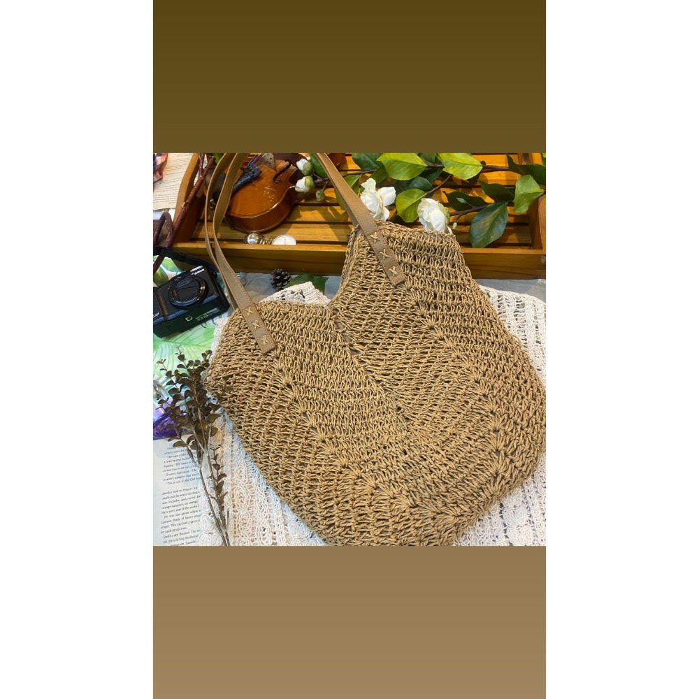 小清新沙灘鉤針草編包 休閒度假草編包沙灘包 韓國編織包 復古草編包女新款大容量通勤單肩包手工編織托特包度假風沙灘包-細節圖5
