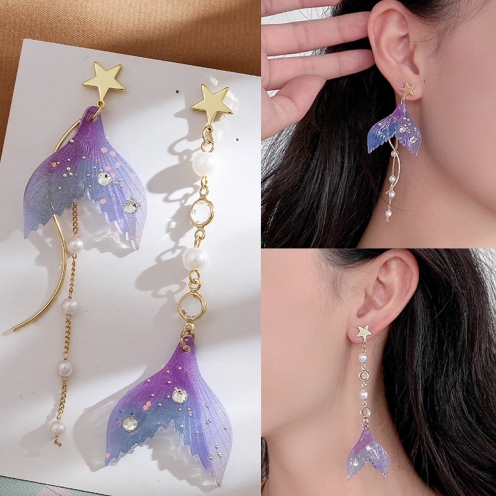 熱愛自由的魚 時尚美麗的美人魚耳環 繽紛彩色美人魚尾巴抗敏銀針耳環 東大門樣式紫色魚尾巴不對稱造型款抗過敏銀針耳環-細節圖11
