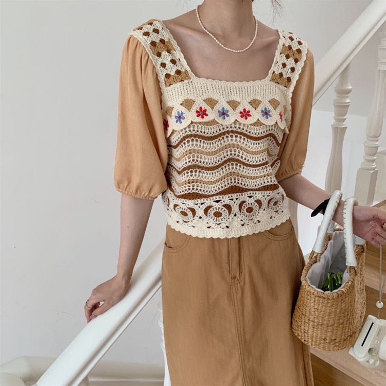 ￼萬花筒鉤花公主娃娃上衣 復古方塊桌飾花針織衫民族風圈圈鉤花上衣 韓版萬花筒鉤花馬甲女復古刺繡鈎花公主衫-細節圖5