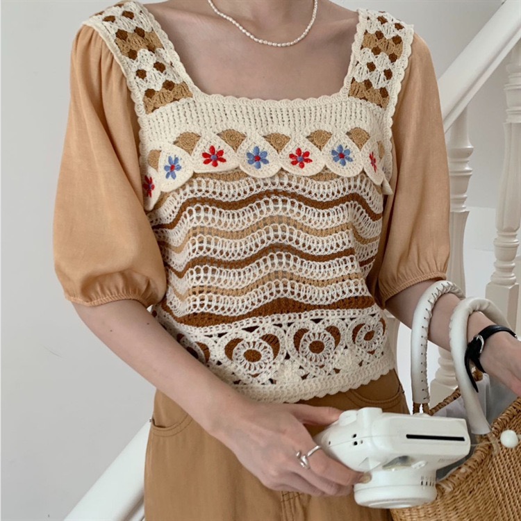 ￼萬花筒鉤花公主娃娃上衣 復古方塊桌飾花針織衫民族風圈圈鉤花上衣 韓版萬花筒鉤花馬甲女復古刺繡鈎花公主衫-細節圖7