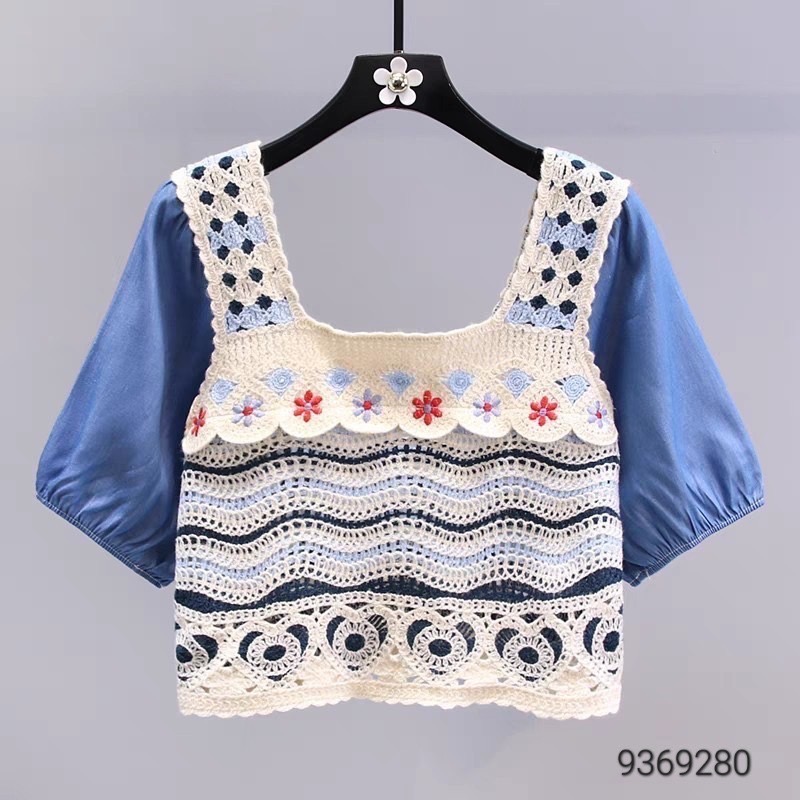 ￼萬花筒鉤花公主娃娃上衣 復古方塊桌飾花針織衫民族風圈圈鉤花上衣 韓版萬花筒鉤花馬甲女復古刺繡鈎花公主衫-細節圖8