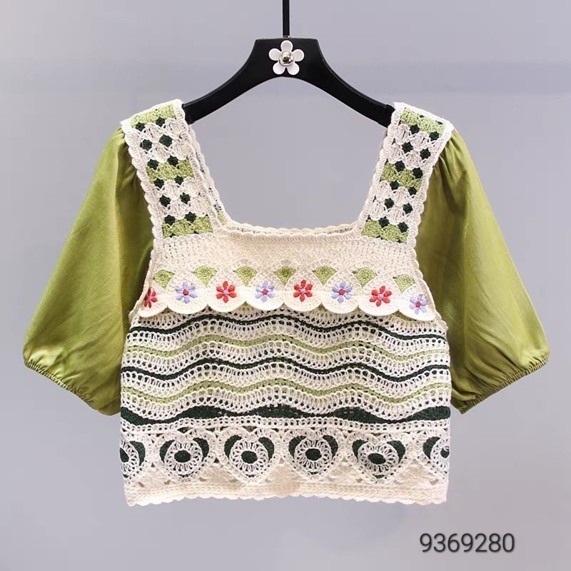 ￼萬花筒鉤花公主娃娃上衣 復古方塊桌飾花針織衫民族風圈圈鉤花上衣 韓版萬花筒鉤花馬甲女復古刺繡鈎花公主衫-細節圖9