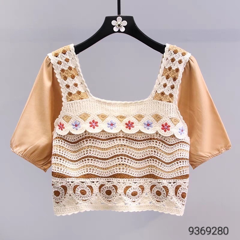 ￼萬花筒鉤花公主娃娃上衣 復古方塊桌飾花針織衫民族風圈圈鉤花上衣 韓版萬花筒鉤花馬甲女復古刺繡鈎花公主衫-細節圖10