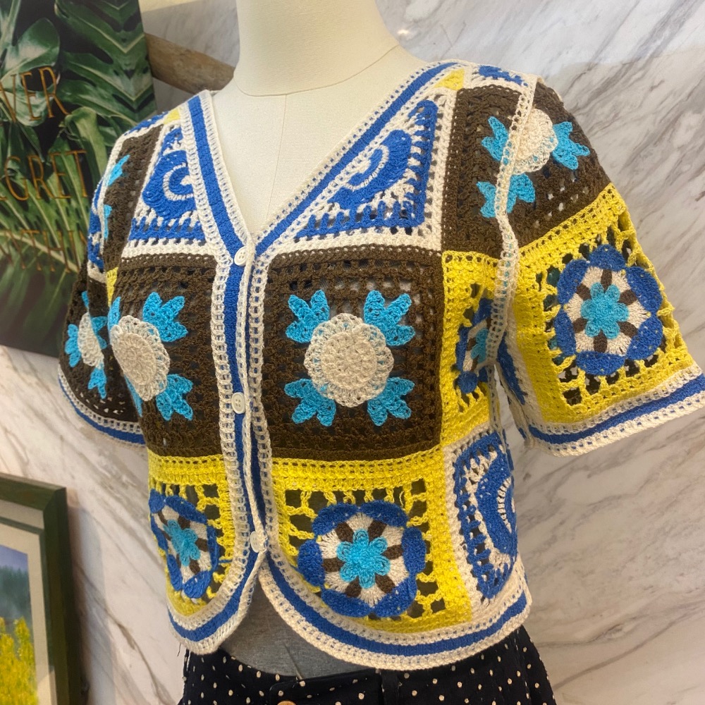 ￼（時尚單品手勾短袖）💮田園風鏤空鉤花設計針織衫小眾顯瘦短袖💮 很舒服的針織🧶外套 就是要簡單 針織有磅數感 摸起來很舒-細節圖2