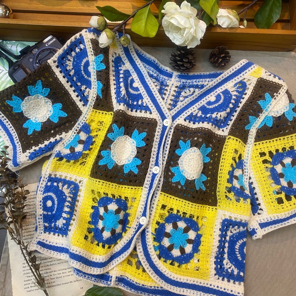 ￼（時尚單品手勾短袖）💮田園風鏤空鉤花設計針織衫小眾顯瘦短袖💮 很舒服的針織🧶外套 就是要簡單 針織有磅數感 摸起來很舒-細節圖4