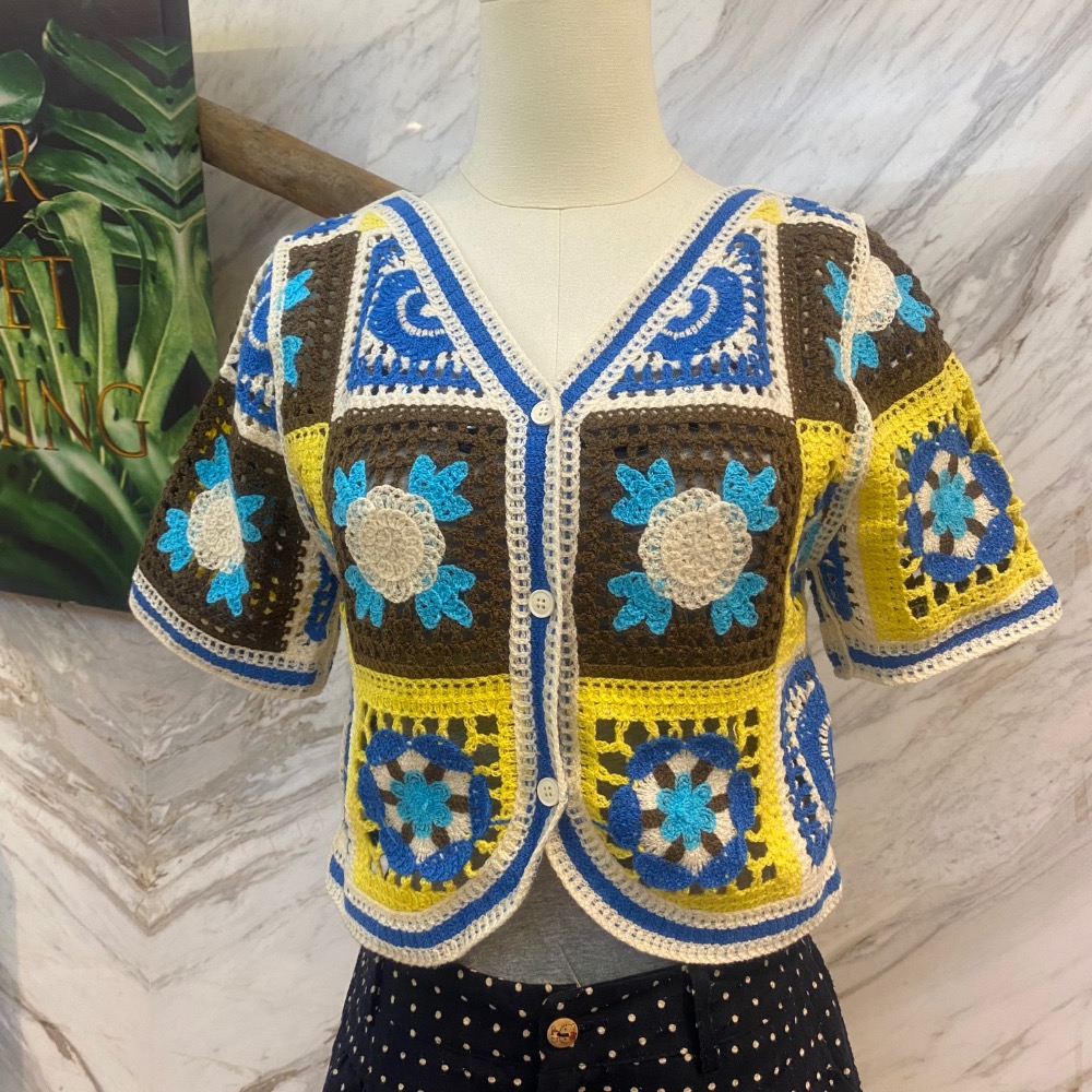 ￼（時尚單品手勾短袖）💮田園風鏤空鉤花設計針織衫小眾顯瘦短袖💮 很舒服的針織🧶外套 就是要簡單 針織有磅數感 摸起來很舒-細節圖5