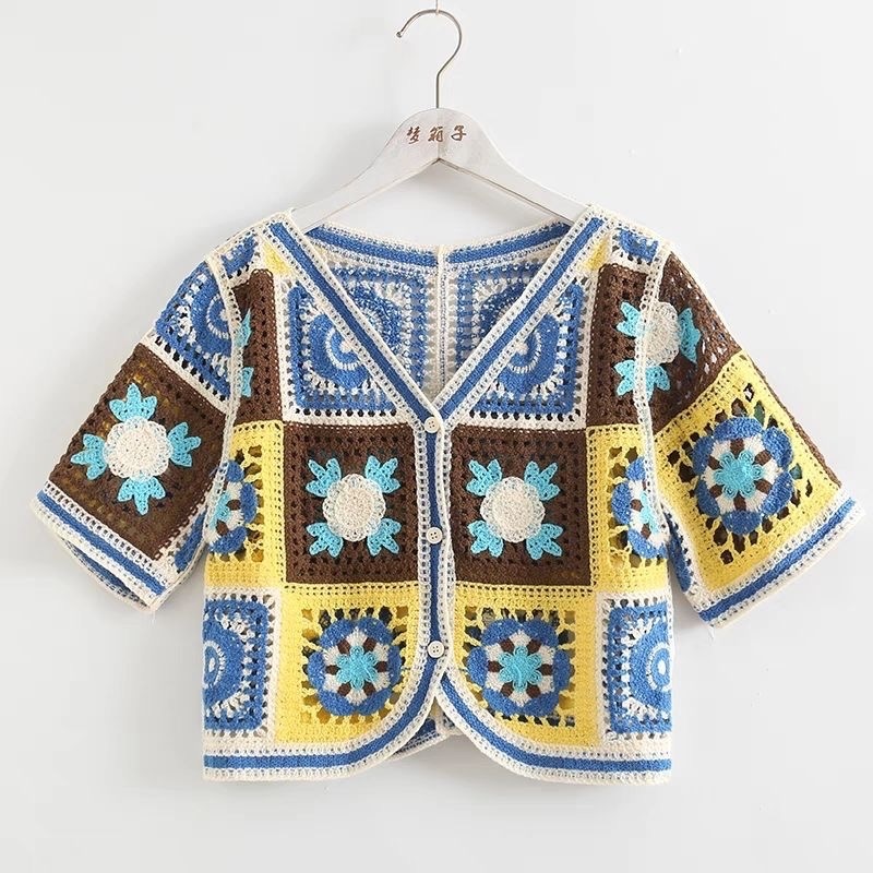 ￼（時尚單品手勾短袖）💮田園風鏤空鉤花設計針織衫小眾顯瘦短袖💮 很舒服的針織🧶外套 就是要簡單 針織有磅數感 摸起來很舒-細節圖7