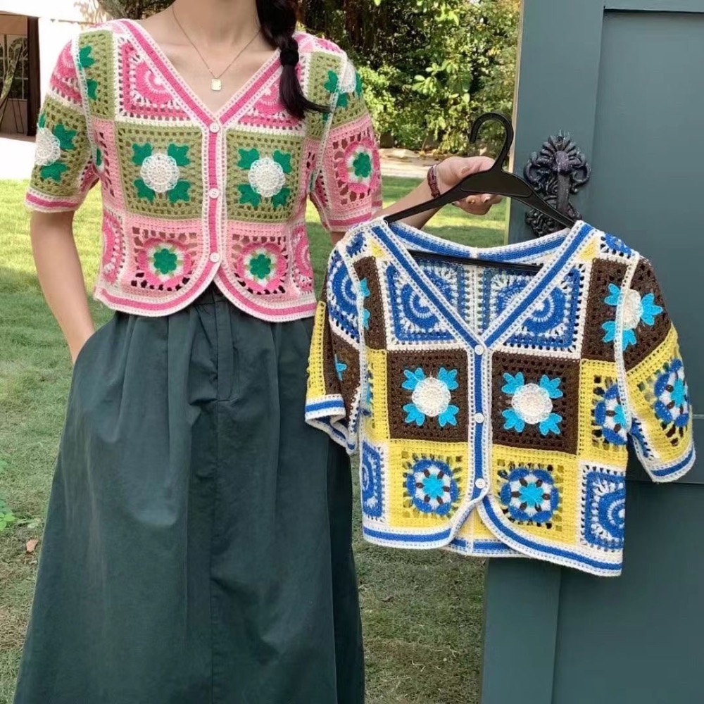 ￼（時尚單品手勾短袖）💮田園風鏤空鉤花設計針織衫小眾顯瘦短袖💮 很舒服的針織🧶外套 就是要簡單 針織有磅數感 摸起來很舒-細節圖10