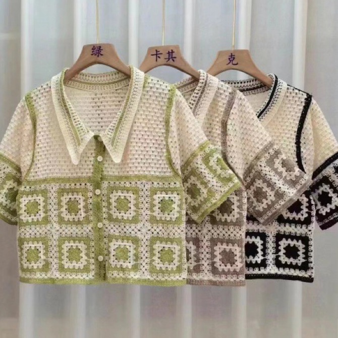 ￼(時尚單品上裝)波西米亞鉤花短袖衫領拼格上衣 文青手鉤拼格針織上衣 日系鈎花鏤空短袖 針織短袖襯衫 短款撞色翻領短袖上-細節圖3