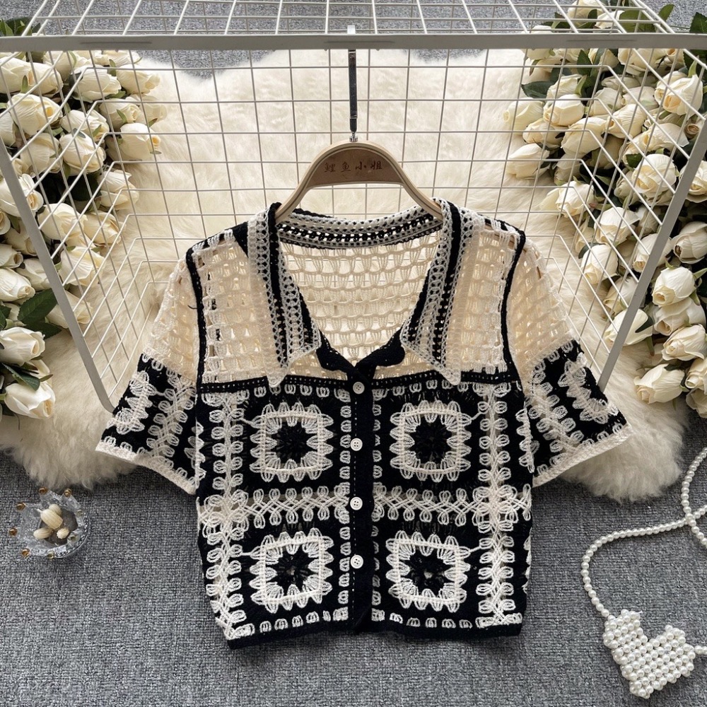 ￼(時尚單品上裝)波西米亞鉤花短袖衫領拼格上衣 文青手鉤拼格針織上衣 日系鈎花鏤空短袖 針織短袖襯衫 短款撞色翻領短袖上-細節圖4