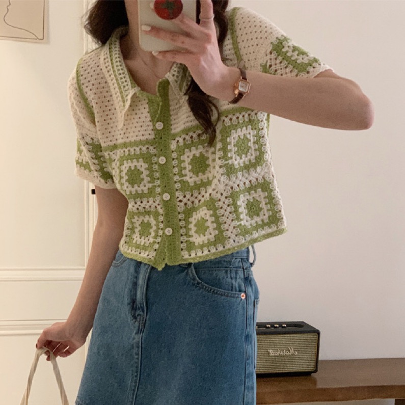 ￼(時尚單品上裝)波西米亞鉤花短袖衫領拼格上衣 文青手鉤拼格針織上衣 日系鈎花鏤空短袖 針織短袖襯衫 短款撞色翻領短袖上-細節圖9