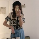 ￼(時尚單品上裝)波西米亞鉤花短袖衫領拼格上衣 文青手鉤拼格針織上衣 日系鈎花鏤空短袖 針織短袖襯衫 短款撞色翻領短袖上-規格圖11