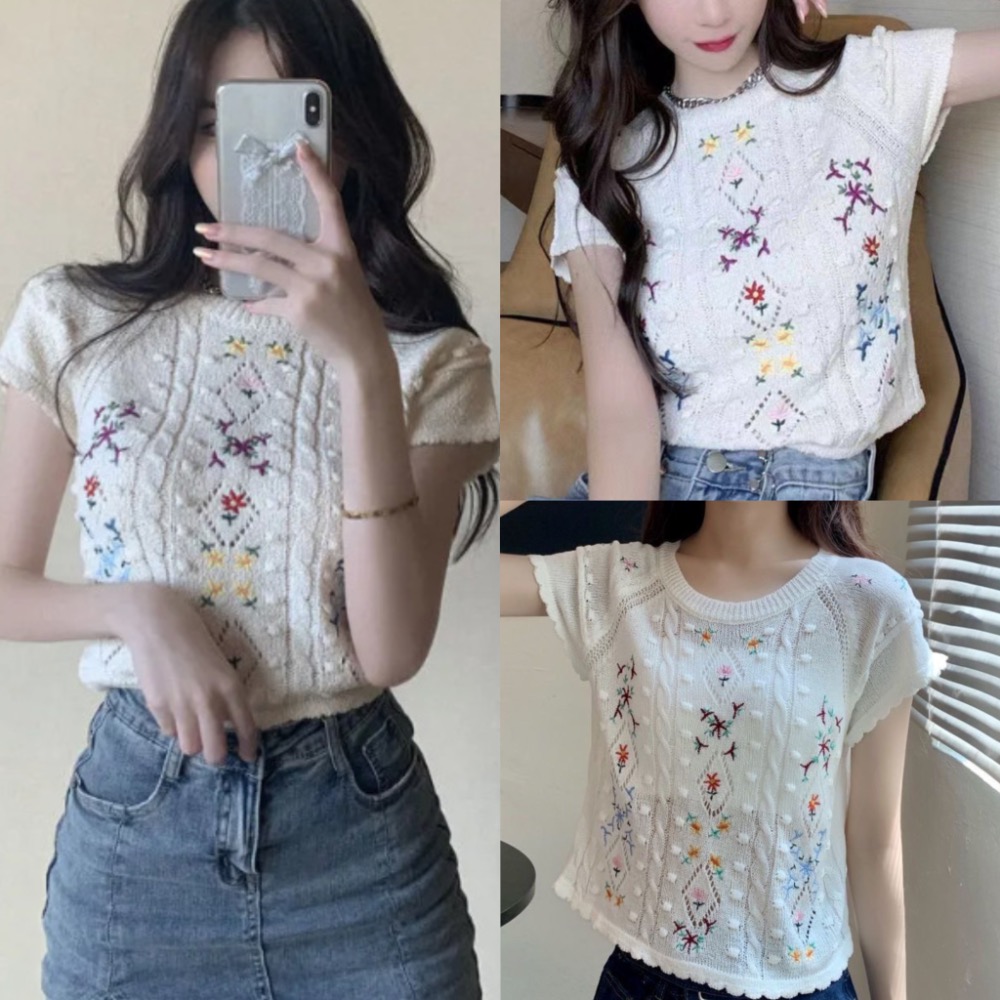 ￼(時尚單品手勾短袖)💐💖時尚百搭甜美圓領刺繡花朵顯瘦短版短袖💖💐-細節圖7
