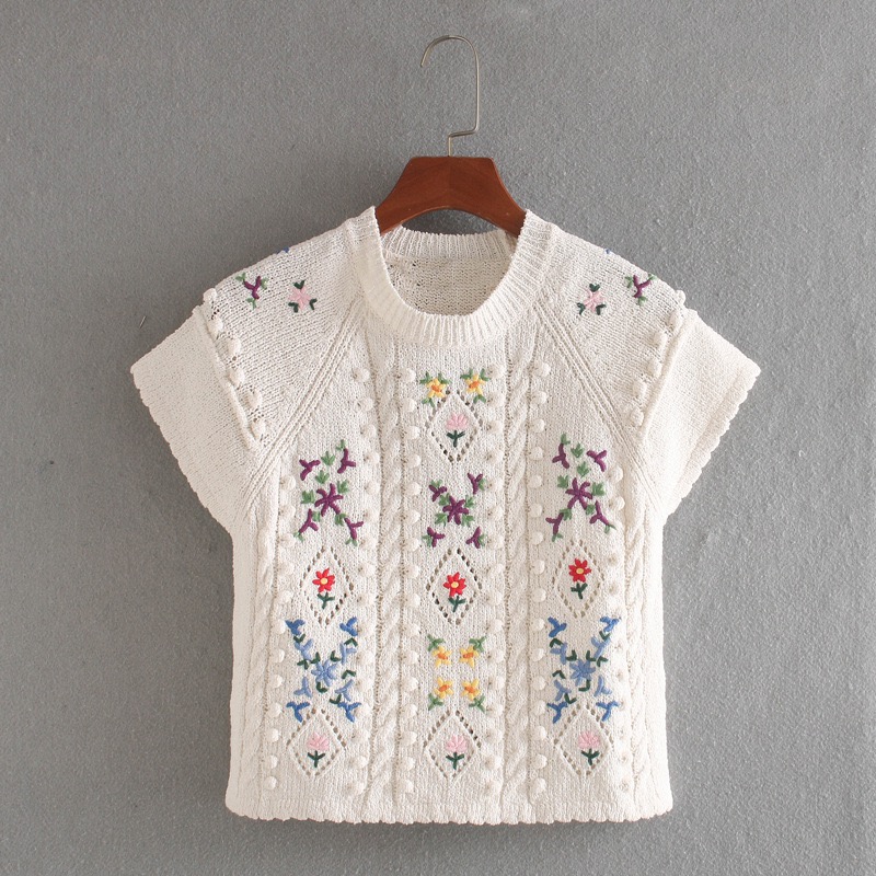 ￼(時尚單品手勾短袖)💐💖時尚百搭甜美圓領刺繡花朵顯瘦短版短袖💖💐-細節圖10