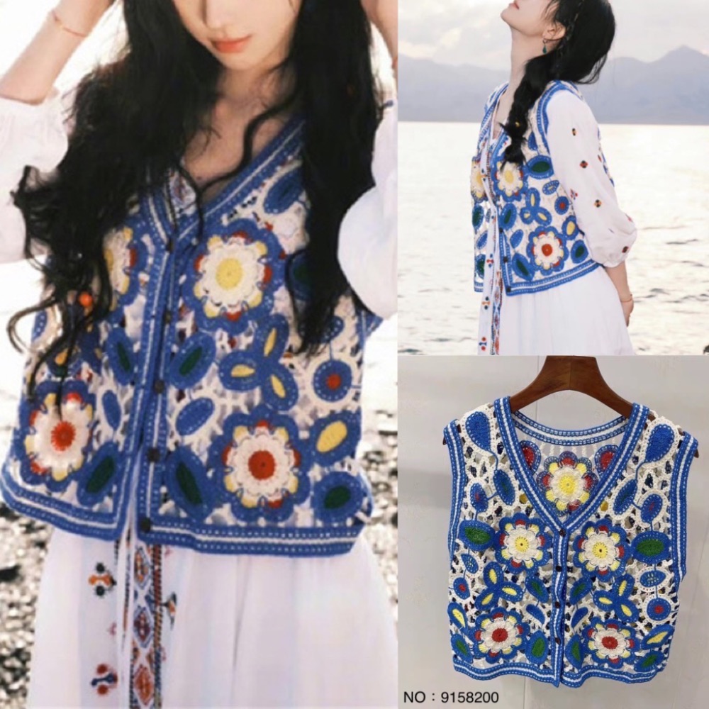 ￼天空寶藍彩織民族風馬甲 女復古背心針織鏤空短版外搭 ins風上衣 韓版休閒嬉皮甜美女士背心馬甲 日系小背心 外搭短款背-細節圖4