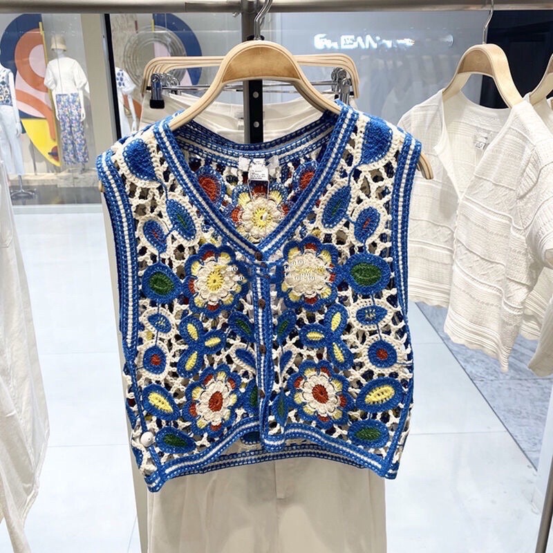 ￼天空寶藍彩織民族風馬甲 女復古背心針織鏤空短版外搭 ins風上衣 韓版休閒嬉皮甜美女士背心馬甲 日系小背心 外搭短款背-細節圖5