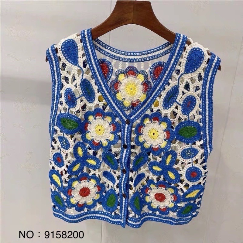 ￼天空寶藍彩織民族風馬甲 女復古背心針織鏤空短版外搭 ins風上衣 韓版休閒嬉皮甜美女士背心馬甲 日系小背心 外搭短款背-細節圖8