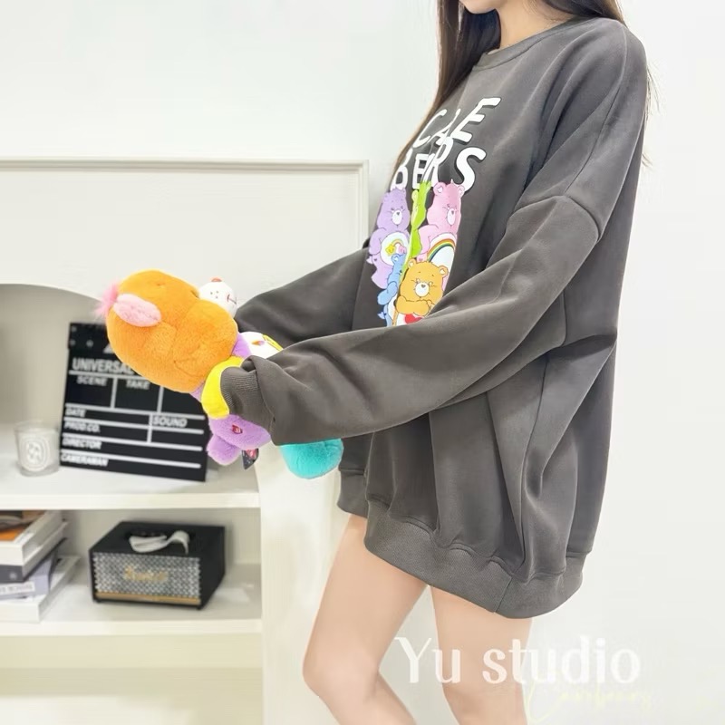 🌟現貨🌈carebears彩虹熊大學T 泡泡袖落肩上衣 寬鬆大版 衛衣棉長袖上衣-細節圖2