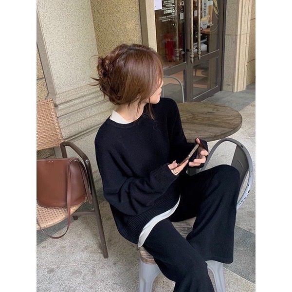 歐膩款❤️高磅數羊絨針織🧶親膚材質❤️ 假兩件造型上衣+鬆緊口袋寬褲 二件式套裝-細節圖2