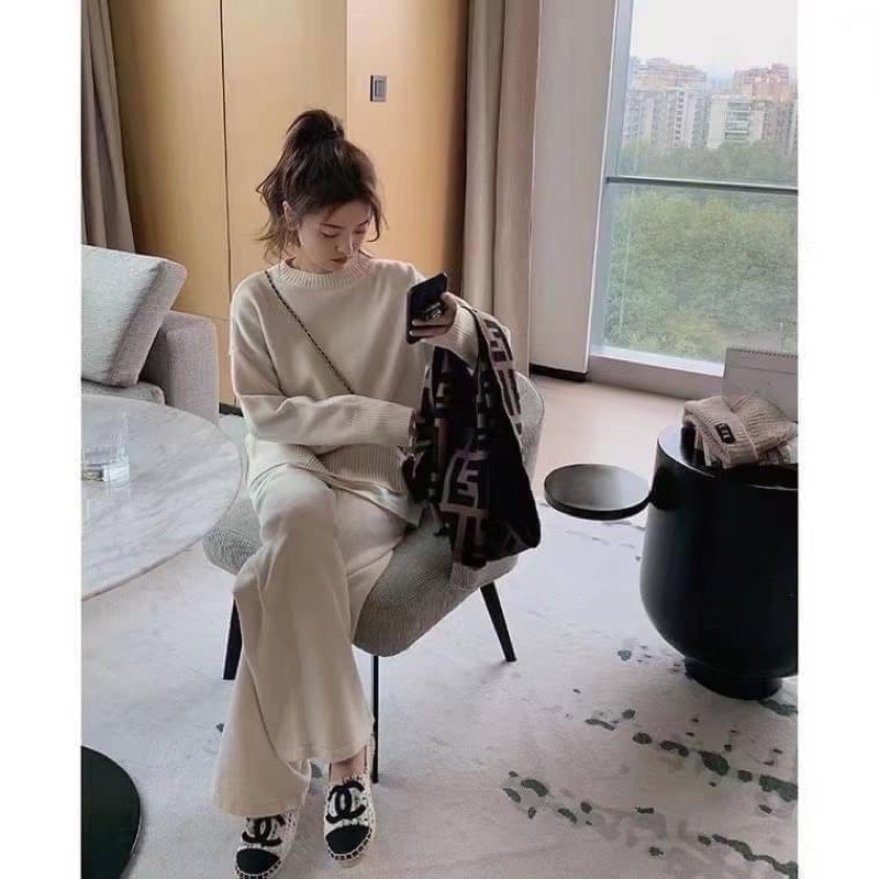 歐膩款❤️高磅數羊絨針織🧶親膚材質❤️ 假兩件造型上衣+鬆緊口袋寬褲 二件式套裝-細節圖3