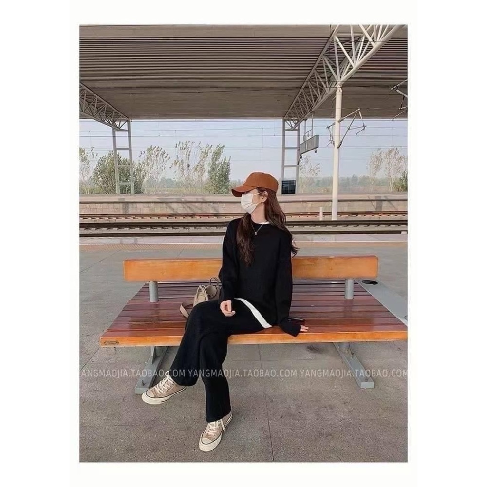 歐膩款❤️高磅數羊絨針織🧶親膚材質❤️ 假兩件造型上衣+鬆緊口袋寬褲 二件式套裝-細節圖6