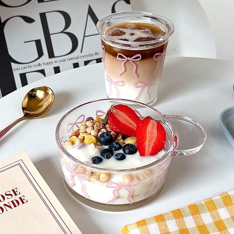 【台灣現貨🎁J&E比選物店】 蝴蝶結 玻璃杯 玻璃碗 套裝 杯子 水杯 甜點杯 甜點碗 單耳碗 咖啡杯 翻口杯-細節圖4