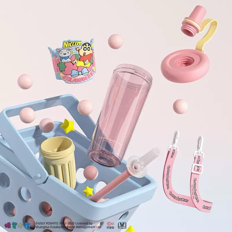 【台灣現貨🎁J&E比選物店】正版 蠟筆小新 附背帶 附杯套 550mL 水壺 果茶杯 直飲吸管 具茶隔 可全拆清洗-細節圖3