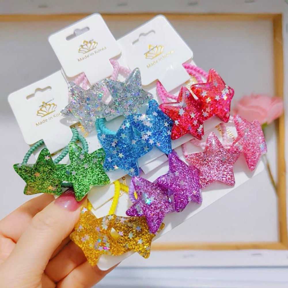 【台灣現貨🎁J&E比選物店】 星星髮圈 韓系 亮片 彩色 壓克力 閃亮 兒童髮圈 髮飾 綁頭髮 髮夾-細節圖3
