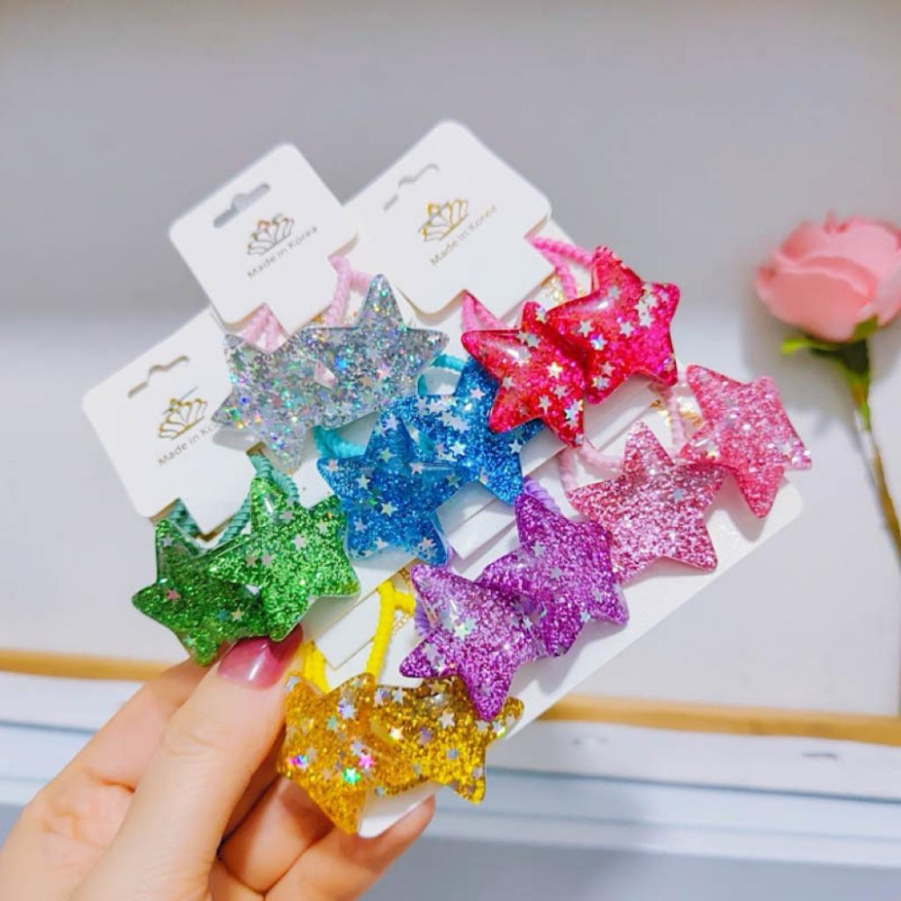 【台灣現貨🎁J&E比選物店】 星星髮圈 韓系 亮片 彩色 壓克力 閃亮 兒童髮圈 髮飾 綁頭髮 髮夾-細節圖4