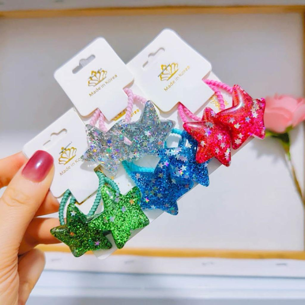 【台灣現貨🎁J&E比選物店】 星星髮圈 韓系 亮片 彩色 壓克力 閃亮 兒童髮圈 髮飾 綁頭髮 髮夾-細節圖5