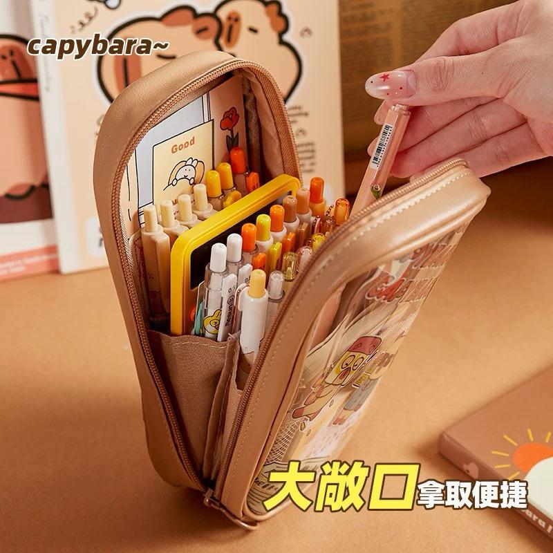 【台灣現貨🎁J&E比選物店】 卡皮巴拉 4層 大開口 透明 防水 筆袋 鉛筆盒 大容量 筆收納 文具 卡皮 水豚 水豚君-細節圖6