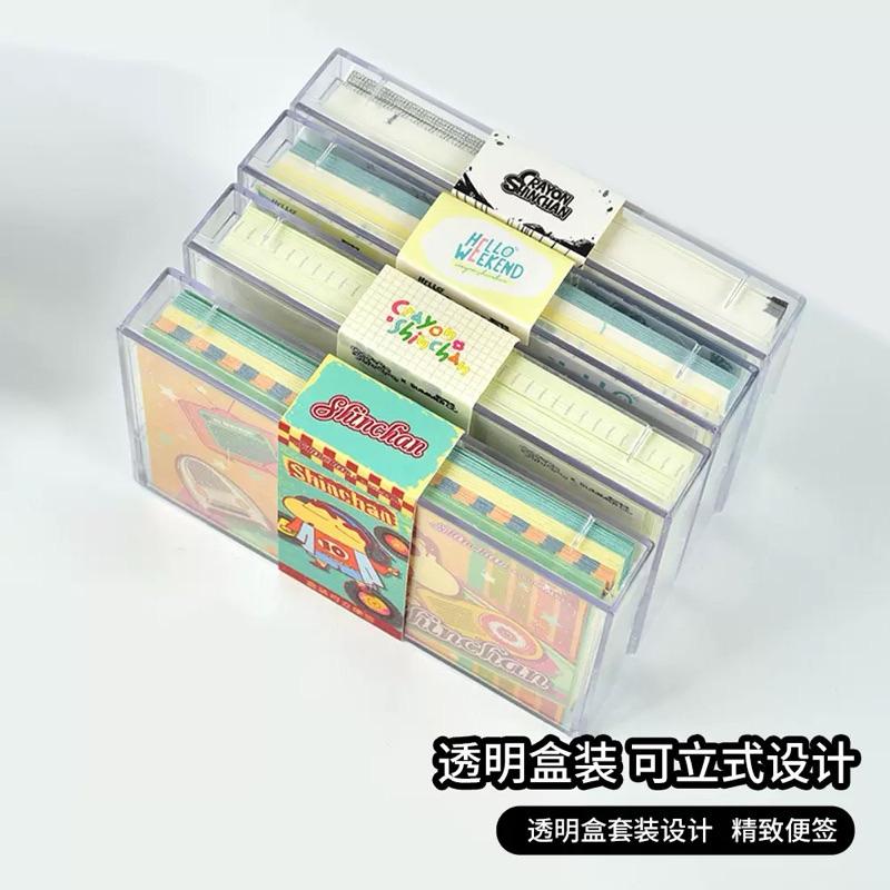 【台灣現貨🎁J&E比選物店】正版 蠟筆小新 復古卡帶盒 100張 便條紙 可站立 透明盒裝 備忘錄 記事紙 筆記紙 文具-細節圖5