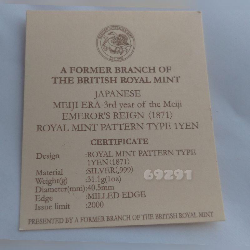 稀缺商品盒證齊全~明治三年一圓龍銀一盎司~英國皇家鑄幣廠試鑄幣，明治龍銀，龍銀，銀幣，錢幣，幣~明治三年龍銀一盎司-細節圖4