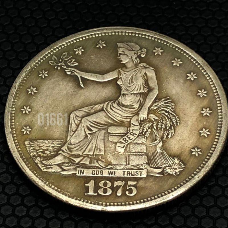 1875美國貿易銀銀幣~不知真假當假的賣，美國持花女郎銀幣，美國銀幣，銀幣，收藏幣，幣~1875年美國持花女郎貿易銀銀幣-細節圖6