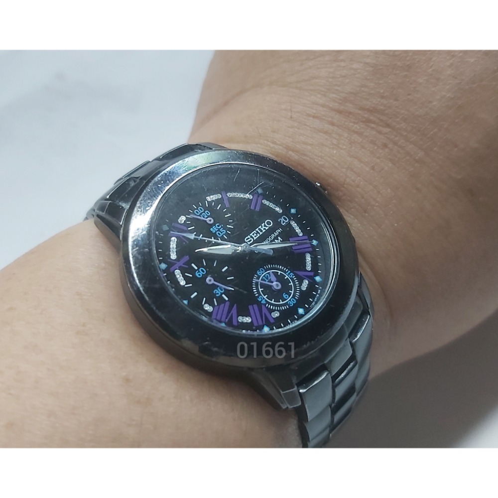 【SEIKO精工】 SNDY91P1 羅馬字三眼計時 鋼錶帶女錶 36mm 黑/紫 7T92-0LD0，SEIKO錶-細節圖2