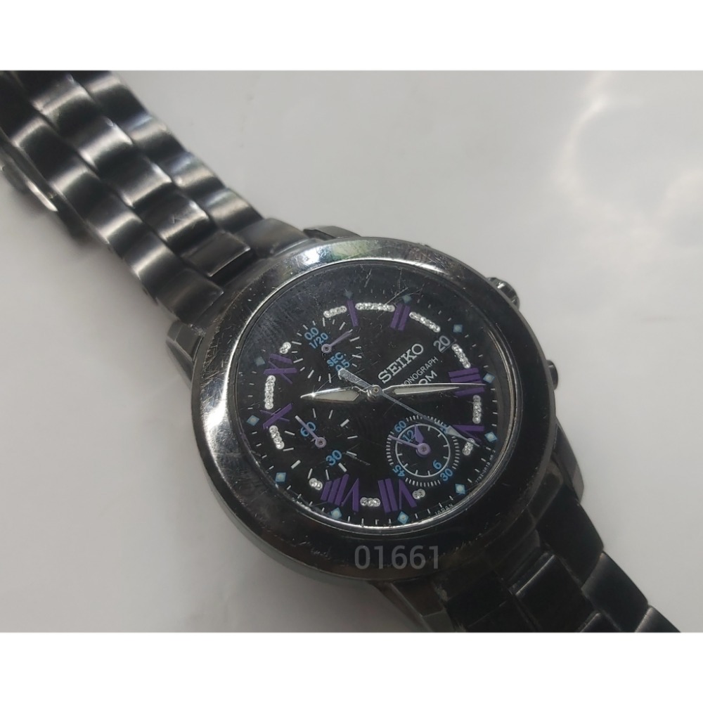 【SEIKO精工】 SNDY91P1 羅馬字三眼計時 鋼錶帶女錶 36mm 黑/紫 7T92-0LD0，SEIKO錶-細節圖3